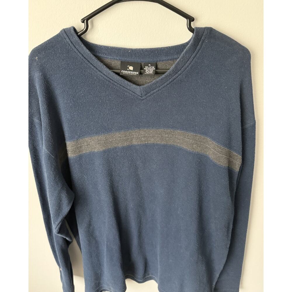 Vintage 90s Consensus Sportswear Mens Dark Navy Striped Crewneck Sweater XL